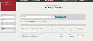 According to the Gates Foundation Grant database, 2013's grant's 'Purpose: to support implementation of the Common Core State Standards.' 2011's:  "Purpose: to provide teachers and school leaders with supports to implement the Common Core State Standards at the district, school, and classroom levels." 