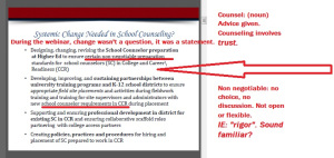 Part of the College/Career Ready aligned school counselors plan? For new counselors, 'target socially justice minded college students and groom them'. For those already counseling? Have the community nominate only the best and have them aligned.