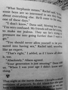 According to my OK friend, Bobbie, this is from page 228. Plenty more references to making out, being called a 'slut', and other inappropriate things for an 8 year old.